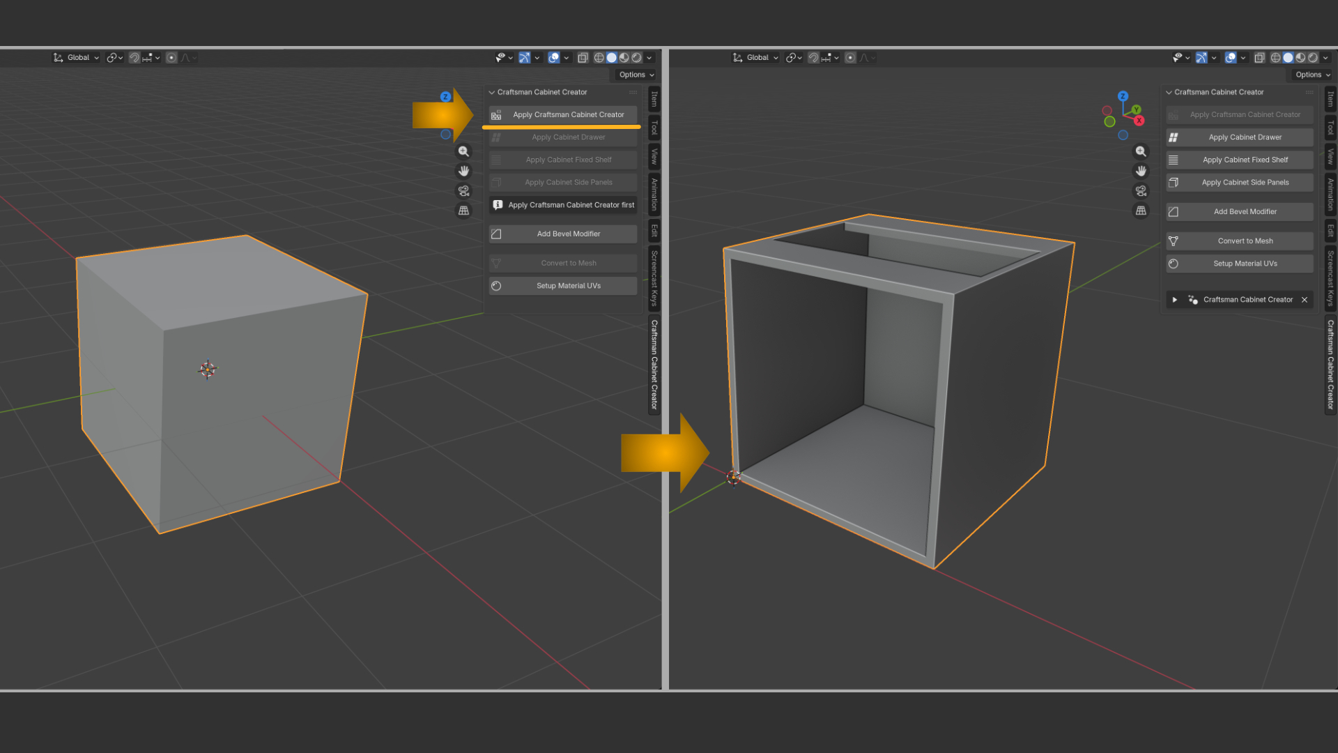 Before and after applying Cabinet Generator